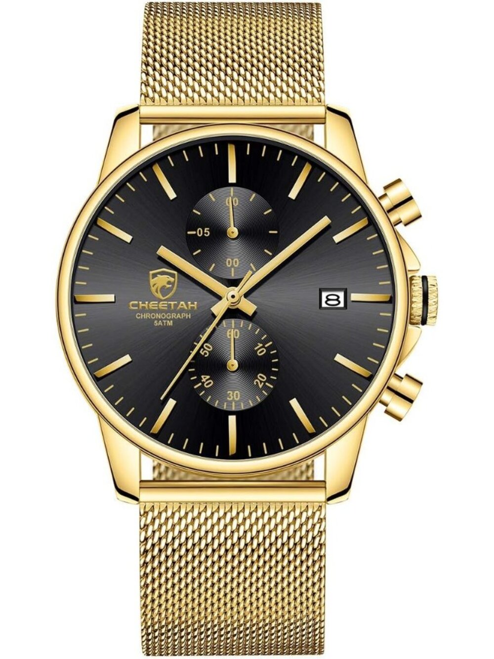 Mens Gold Black Quartz Analog Mesh Strap Stainless Steel Chronograph Round Watch